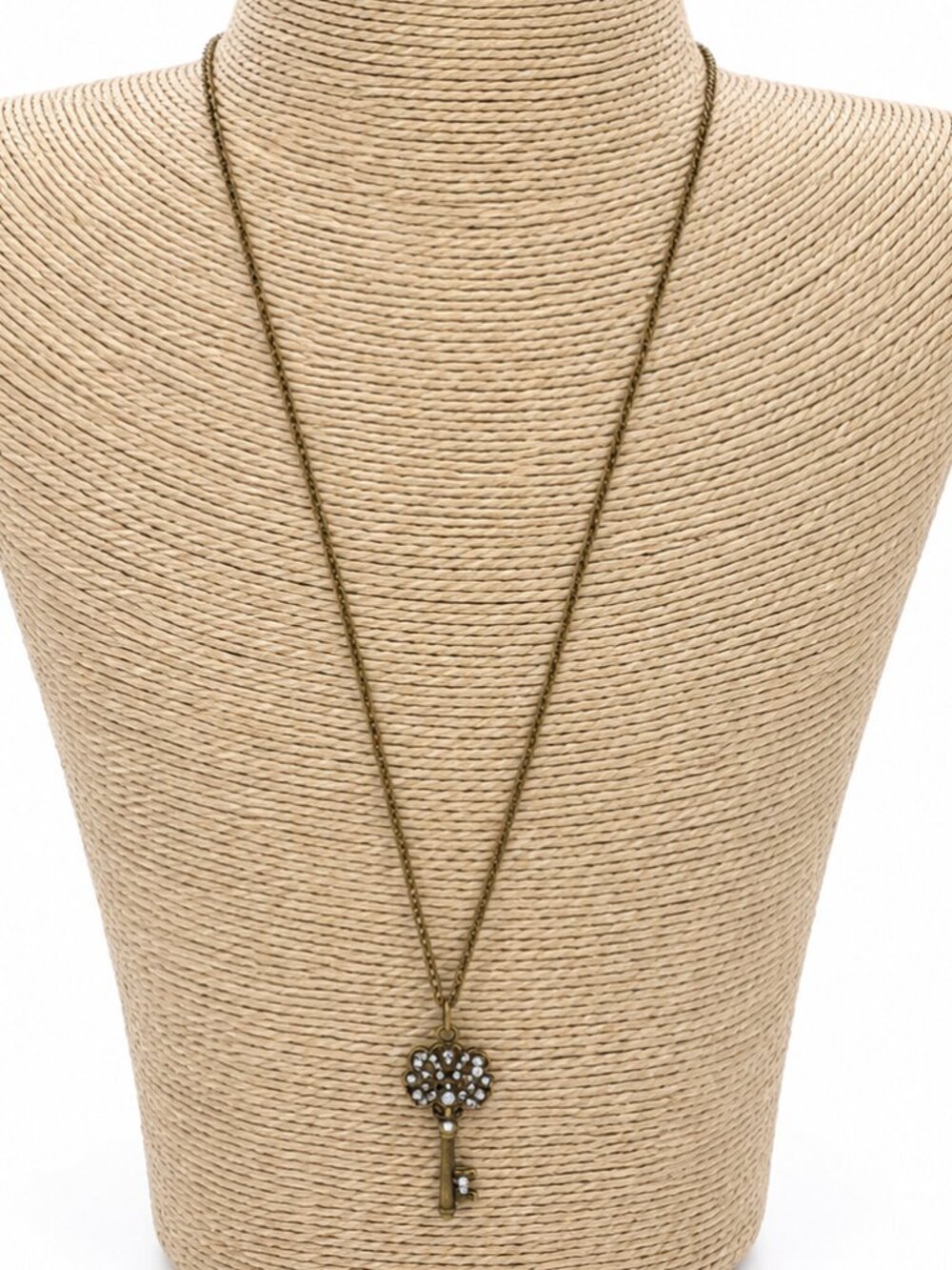 Silver Tone Rhinestone Key Pendant Necklace Vintage Inspired Key Necklace